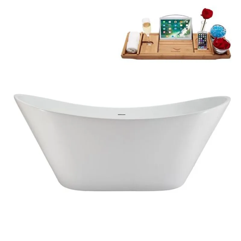 Streamline 67-in Glossy White Freestanding Oval Bathtub and Tray w/ Matte Black Centre Pop-Up Drain - 53-gal.