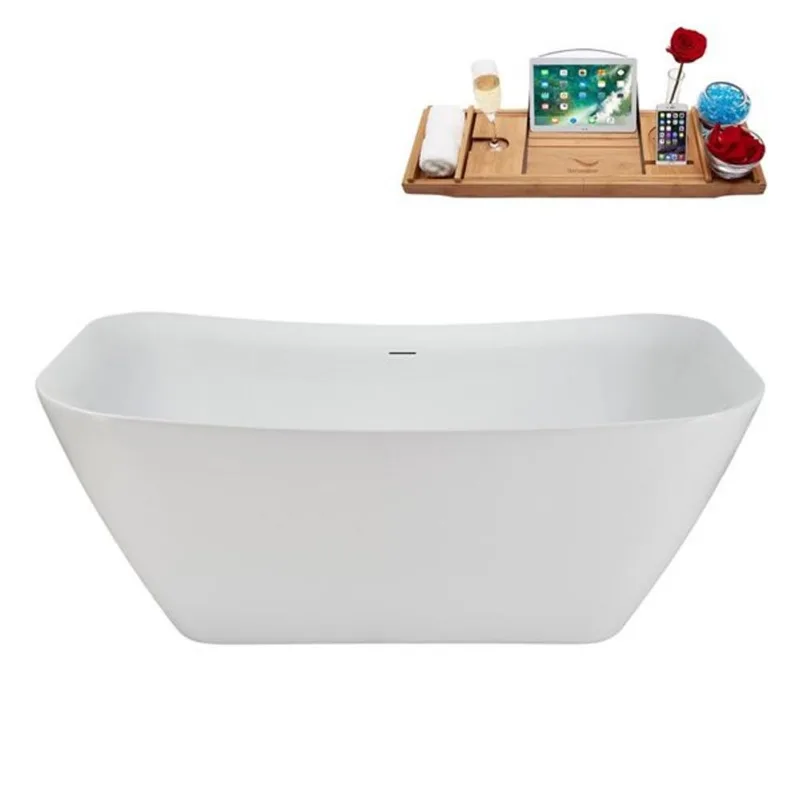 Streamline 59-in Glossy White Freestanding Bathtub and Tray w/ Brushed Nickel Centre Pop-Up Drain - 56-gal.