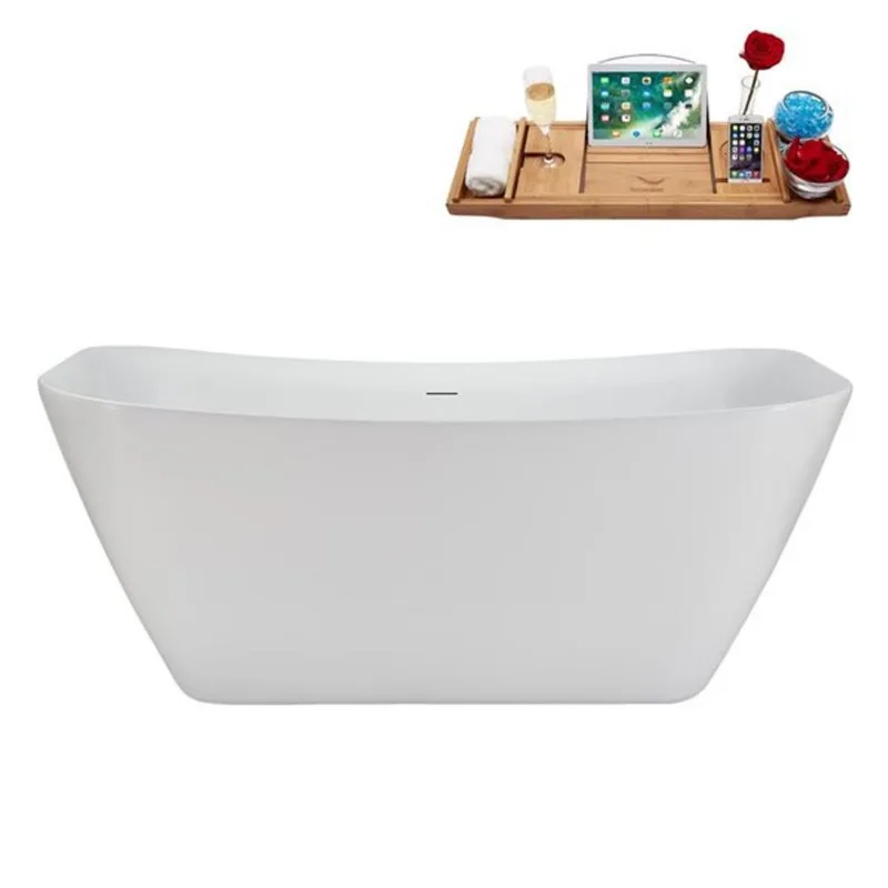 Streamline 59-in Glossy White Freestanding Bathtub and Tray w/ Polished Chrome Centre Pop-Up Drain - 56-gal.
