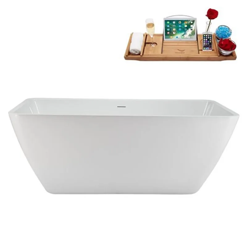Streamline 59-in Glossy White Freestanding Bathtub and Tray w/ Polished Chrome Centre Pop-Up Drain - 60-gal.