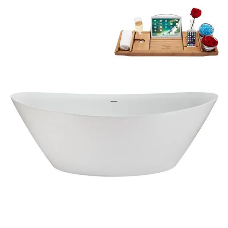 Streamline 71-in Glossy White Freestanding Oval Bathtub and Tray w/ Brushed Brass Centre Pop-Up Drain - 53-gal.