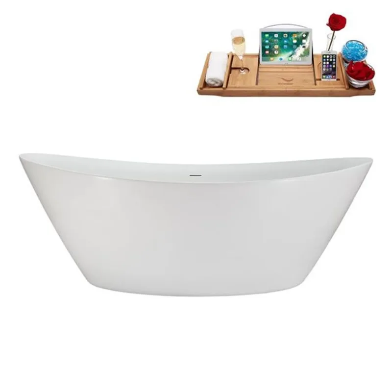 Streamline 71-in Glossy White Freestanding Oval Bathtub and Tray w/ Brushed GunMetal Centre Pop-Up Drain - 53-gal.