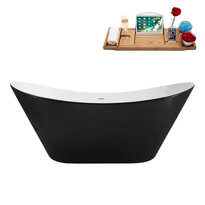 Streamline 67-in Glossy Black Freestanding Oval Bathtub and Tray w/ Matte Black Centre Pop-Up Drain - 53-gal.