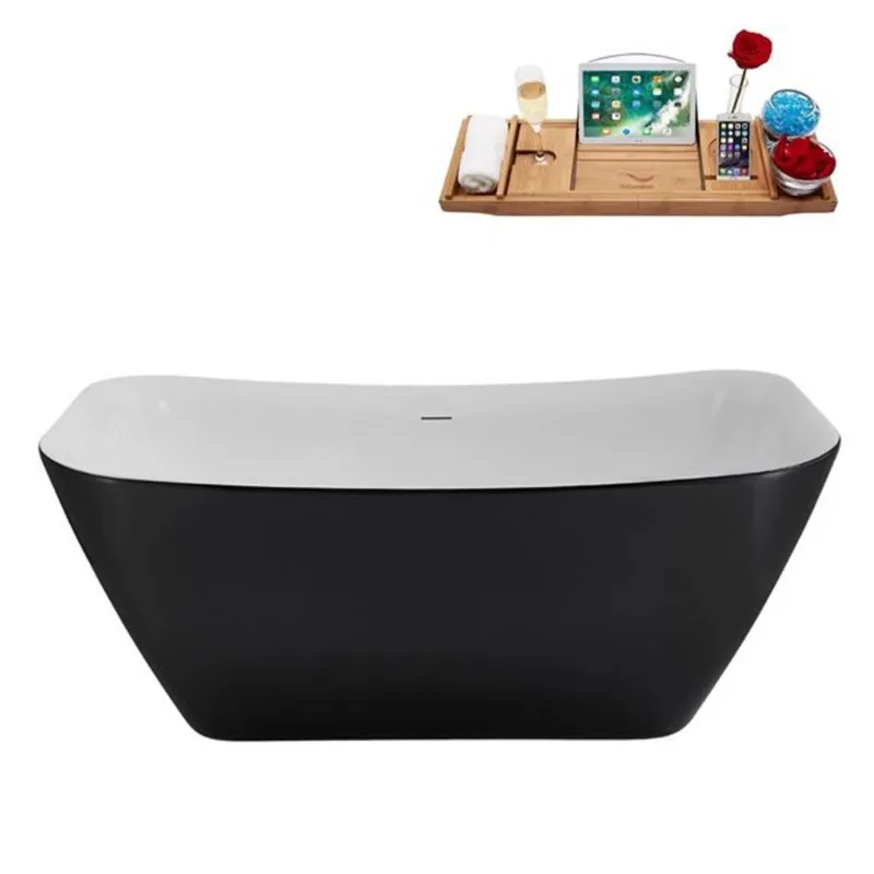 Streamline 59-in Glossy Black Freestanding Bathtub and Tray w/ Glossy White Centre Pop-Up Drain - 56-gal.