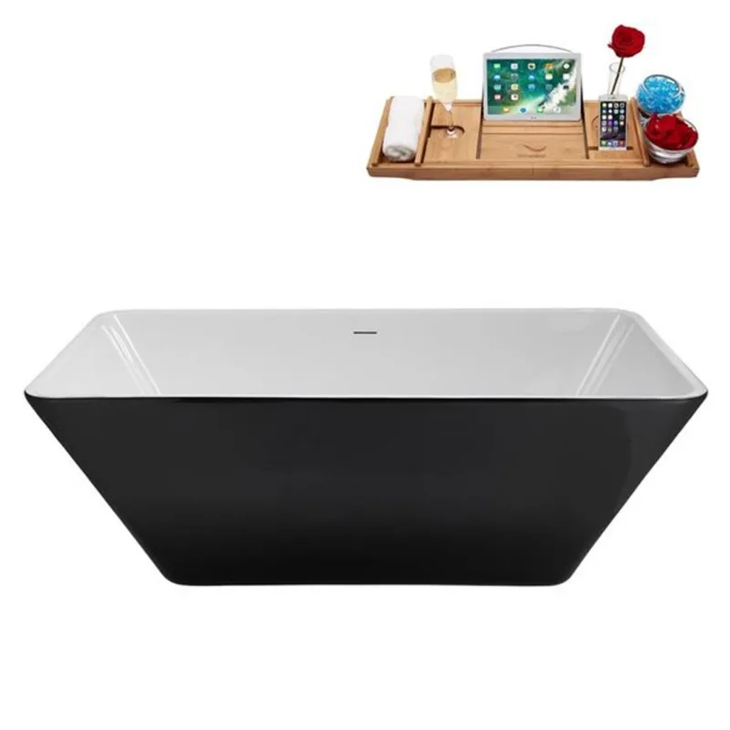 Streamline 63-in Glossy Black Freestanding Bathtub and Tray w/ Brushed Brass Centre Pop-Up Drain - 60-gal.