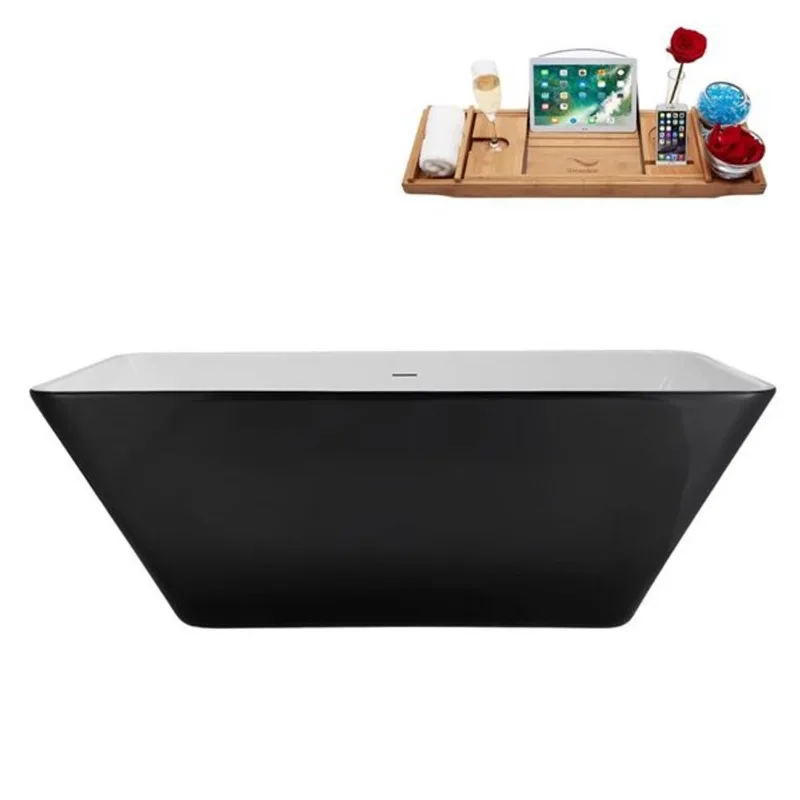 Streamline 63-in Glossy Black Freestanding Bathtub and Tray w/ Brushed Gold Centre Pop-Up Drain - 60-gal.