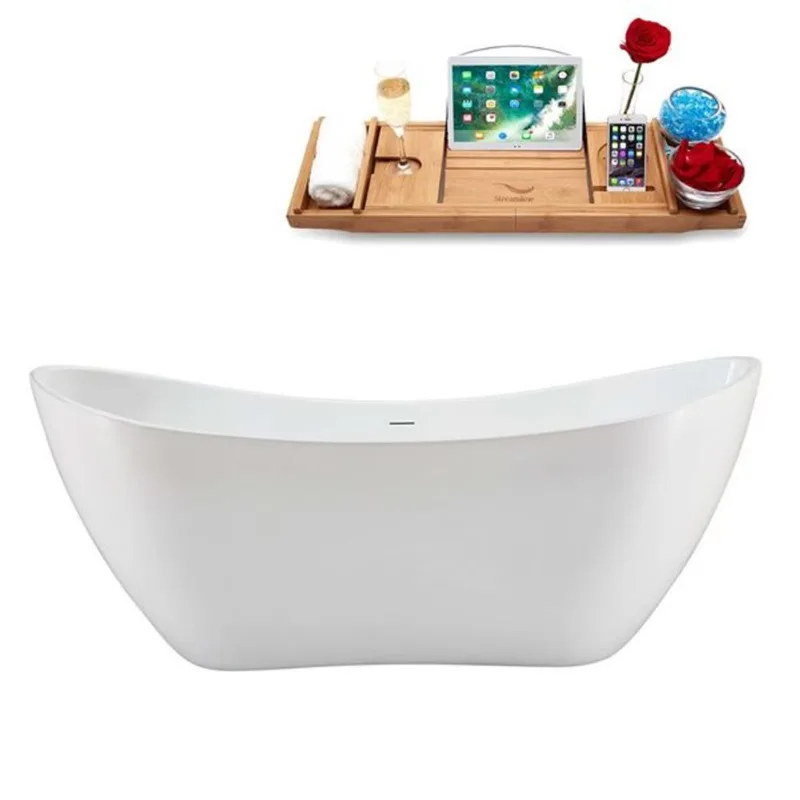 Streamline 71-in Glossy White Acrylic Oval Freestanding Bathtub w/ Brushed Brass Center Drain and Tray