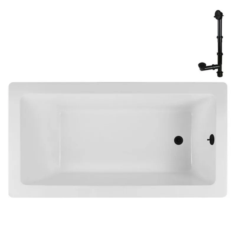 Streamline 60 x 32-in Glossy White Acrylic Soaking Drop-In Bathtub w/ Matte Black External Drain - 39-in Bottom