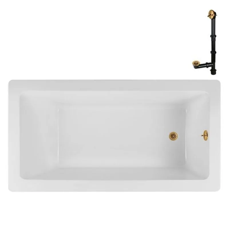 Streamline 72 x 36-in Acrylic Soaking Drop-In Bathtub, Glossy White with External Reversible Drain, Brushed Gold
