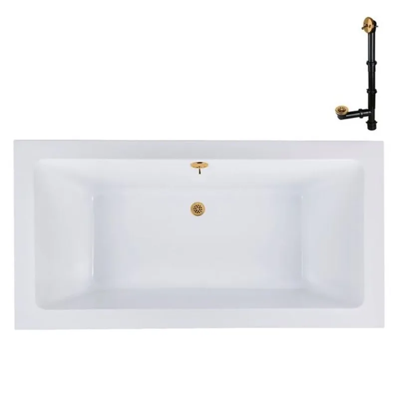 Streamline 66-in x 34-in Glossy Whit Acrylic Soaking Drop-In Bathtub with Brushed Gold External Drain