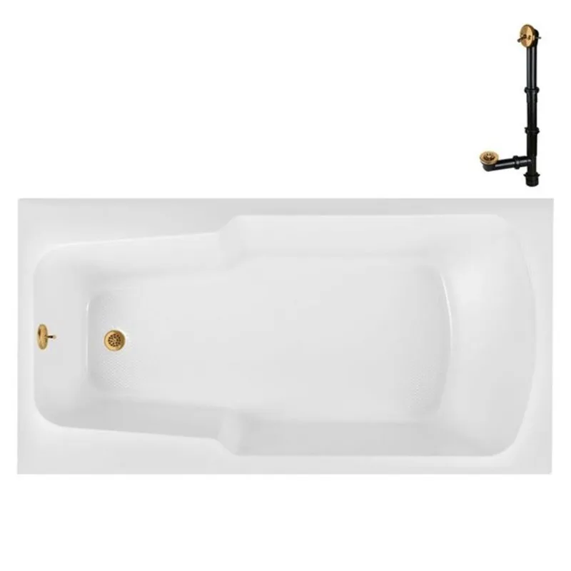 Streamline 72 x 36-in Acrylic Soaking Drop-In Glossy White Bathtub w/ External Drain, Brushed Gold