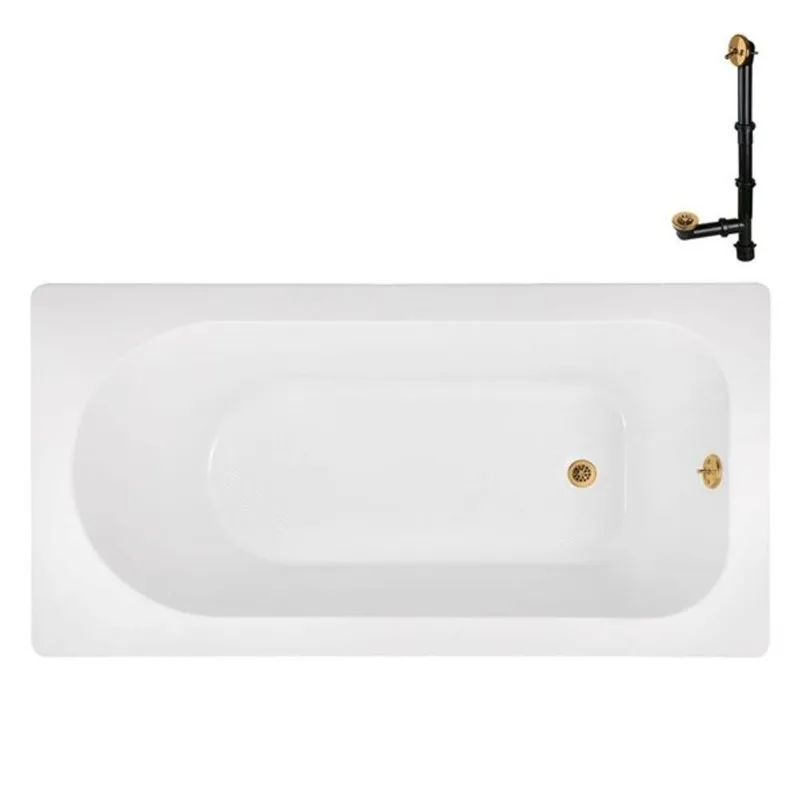 Streamline 72 x 36-in Acrylic Soaking Drop-In Bathtub, Glossy White w/ External Centre Drain, Brushed Gold