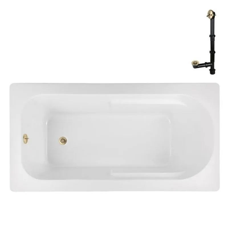 Streamline 72 x 36 x 22.8-in Acrylic Soaking Drop-In Bathtub, Glossy White w/ External Drain, Polished Brass