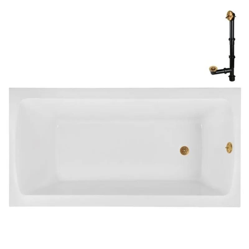 Streamline 60 x 32-in Acrylic Soaking Drop-In Bathtub, Glossy White w/ External Drain, Brushed Gold