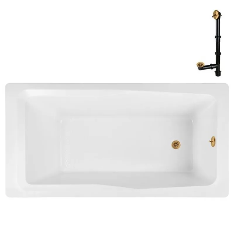Streamline 60 x 32-in Acrylic Soaking Drop-In Glossy White Bathtub w/ External Reversible Drain in Brushed Gold