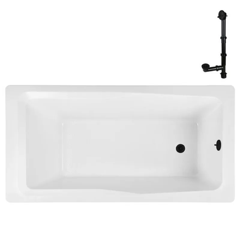 Streamline 66-in x 34-in Glossy White Acrylic Soaking Drop-In Bathtub with Matte Black External Drain