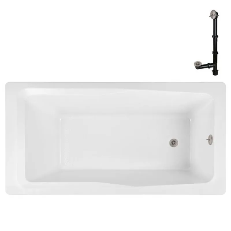Streamline 66-in x 34-in Glossy White Acrylic Soaking Drop-In Bathtub with Brushed Nickel External Drain