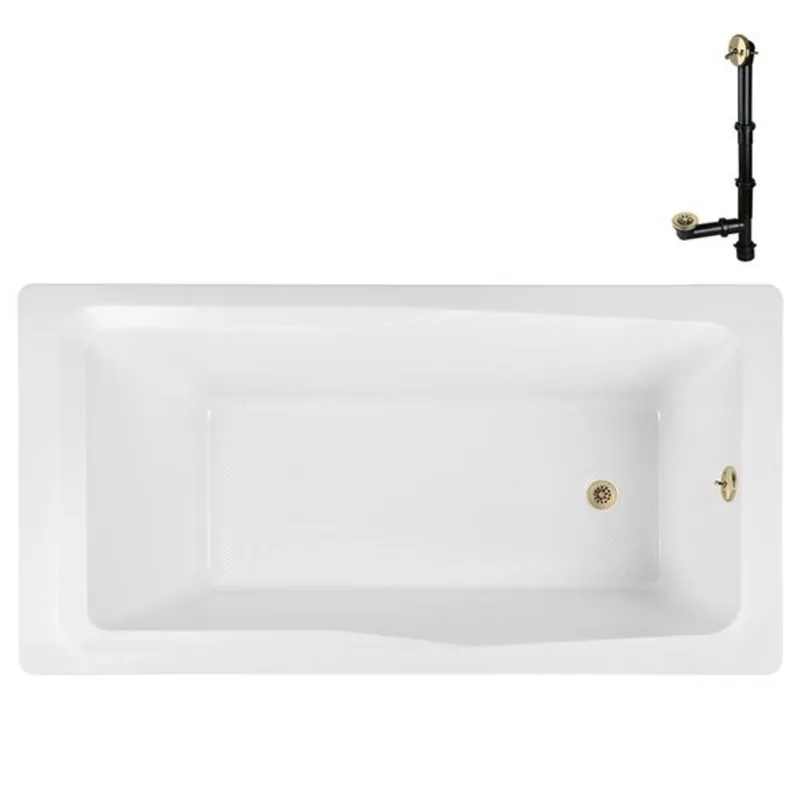 Streamline 66-in x 34-in Glossy White Acrylic Soaking Drop-In Bathtub with Polished Brass External Drain