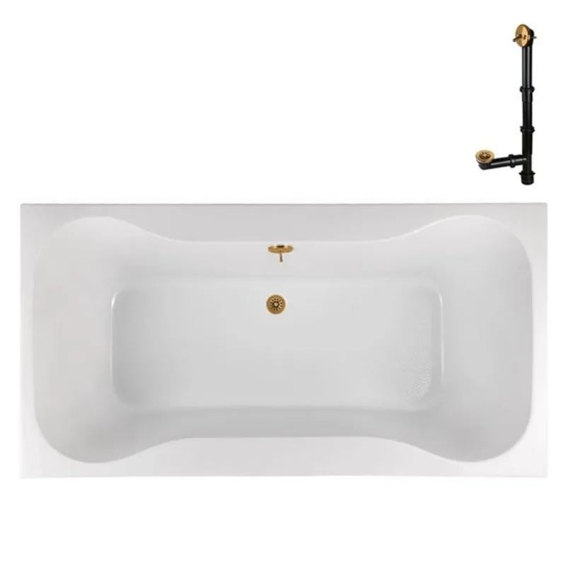 Streamline 60 x 32-in Acrylic Soaking Drop-In Bathtub, Glossy White w/ External Centre Drain, Brushed Gold