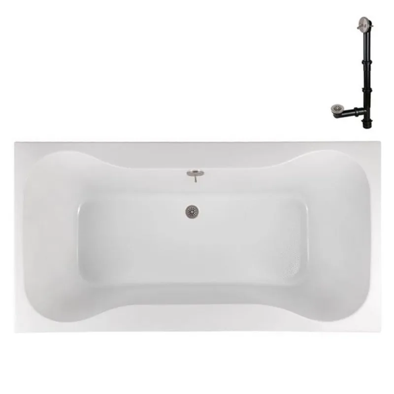Streamline 60 x 32-in Acrylic Soaking Drop-In Bathtub, Glossy White w/ External Drain, Brushed Nickel