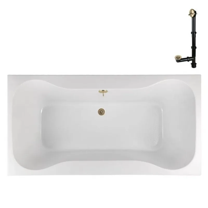 Streamline 66-in x 34-in Glossy White Acrylic Soaking Drop-In Bathtub with Polished Brass External Drain