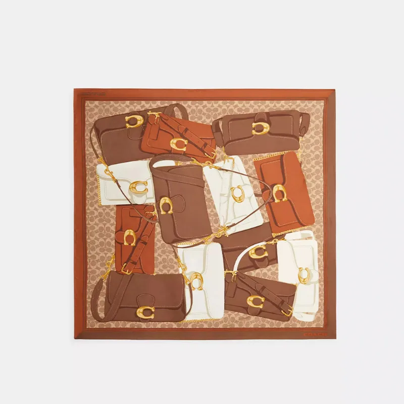 Lenço Silk Square Tabby Print Coach Caramelo
