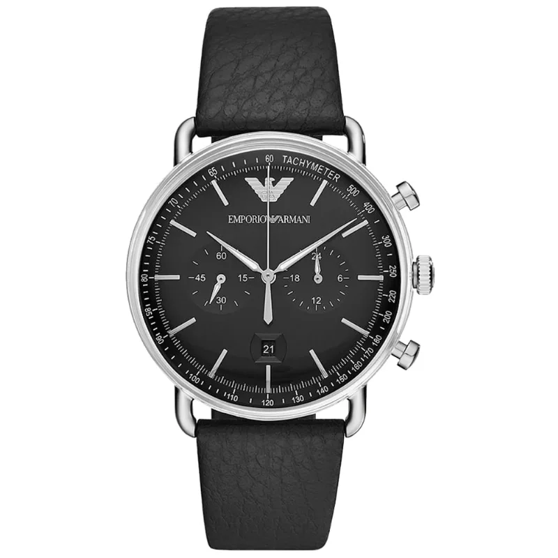 Reloj Emporio Armani Aviator AR11143 Fecha Cronómetro Correa de Cuero y Dial Negro