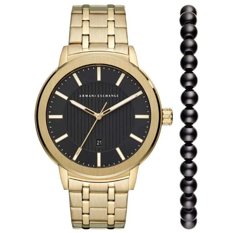 Reloj Armani Exchange Maddox AX7108 Fecha Acero Inoxidable Dorado Set Con Pulsera