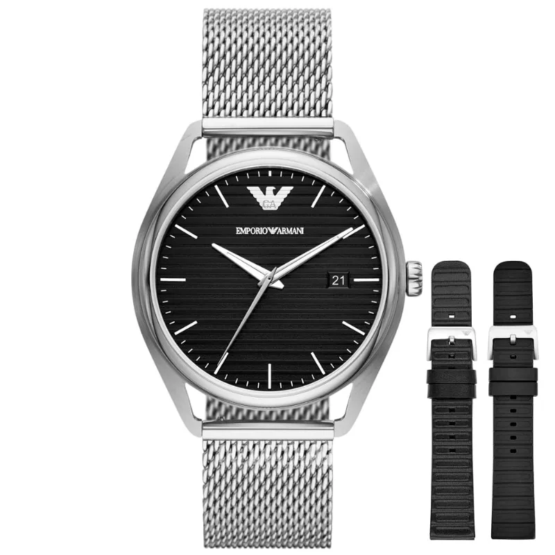 Reloj Emporio Armani Matteo AR80055 Set 3 Correas Acero Inoxidable Cuero y Silicona Dial Negro