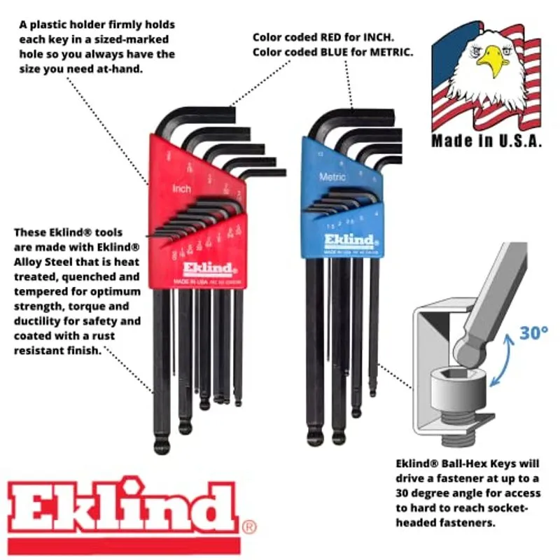 Eklind 13222 Ball-hex L-key Allen Wrench Combo- Inch / Mm (2 Sets 22pc), Conjunto De 22 Peças