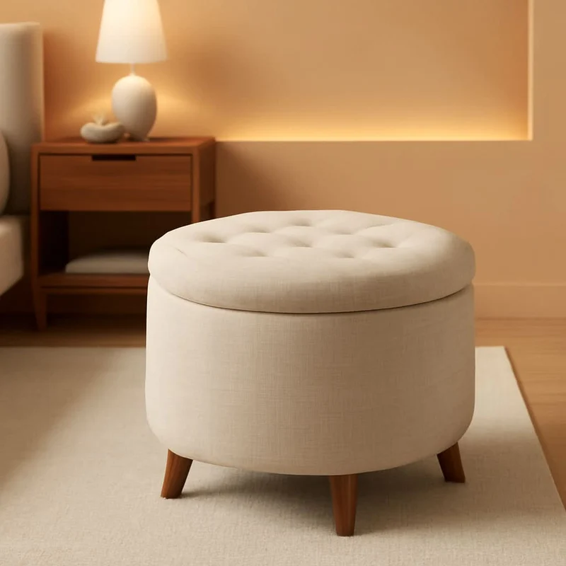 Beige Linen Round Storage Ottoman Featuring Tufting Burlap / 20"D X 20"W X 17"H