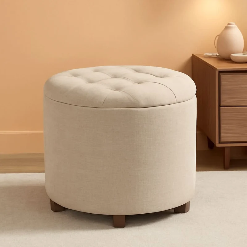 Linen Beige Round Storage Ottoman Living Space Bundle Linen Beige / 18 X 18 X 16