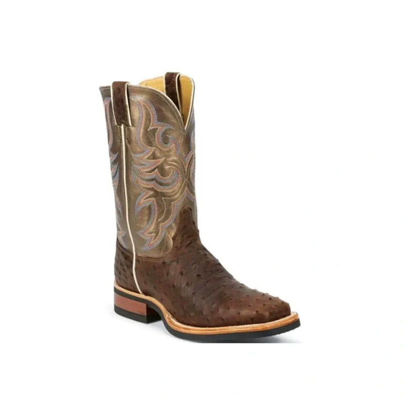 Justin Men's Cowboy Boots Exotic Ostrich and Cowhide Square Toe -CLEARANCE 10.5 / EE