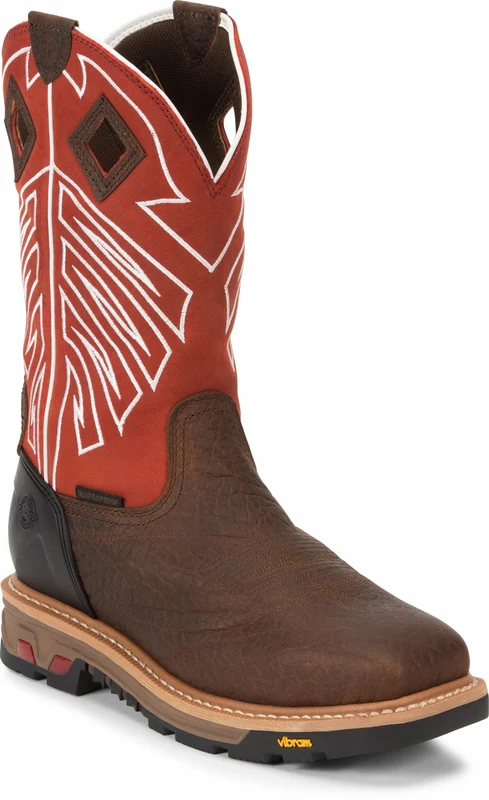 Justin Mens Roughneck 12" Waterproof Steel Toe Boots Walnut Brown / 10 EE