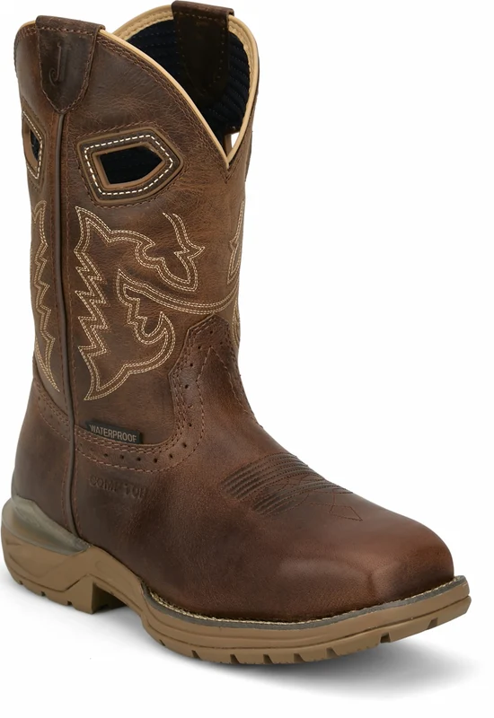 Justin Mens Oilpatch 11" Waterproof Comp Toe Boots Tan / 12 EE
