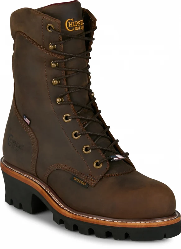 Chippewa Mens Super Logger 9" Waterproof Steel Toe Boots Aged Bark Brown / 8 E