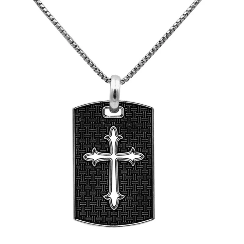 Kelly Herd Mens Etched Cross Tag Necklace Sterling Silver