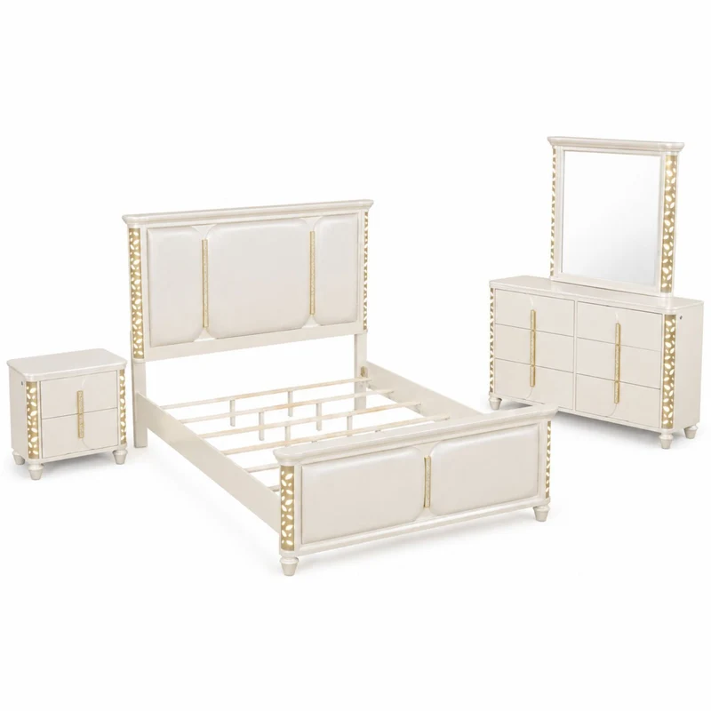 Cinderella - Bedroom Set With LED Beige / 4 Pc. Bed, Nightstand, Dresser, Mirror / Queen
