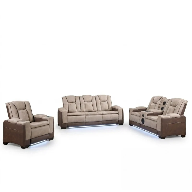 Bruno - Power Reclining Living Room Set With LED Lighting Light Brown / 3 Pc. Sofa, Loveseat, Chair