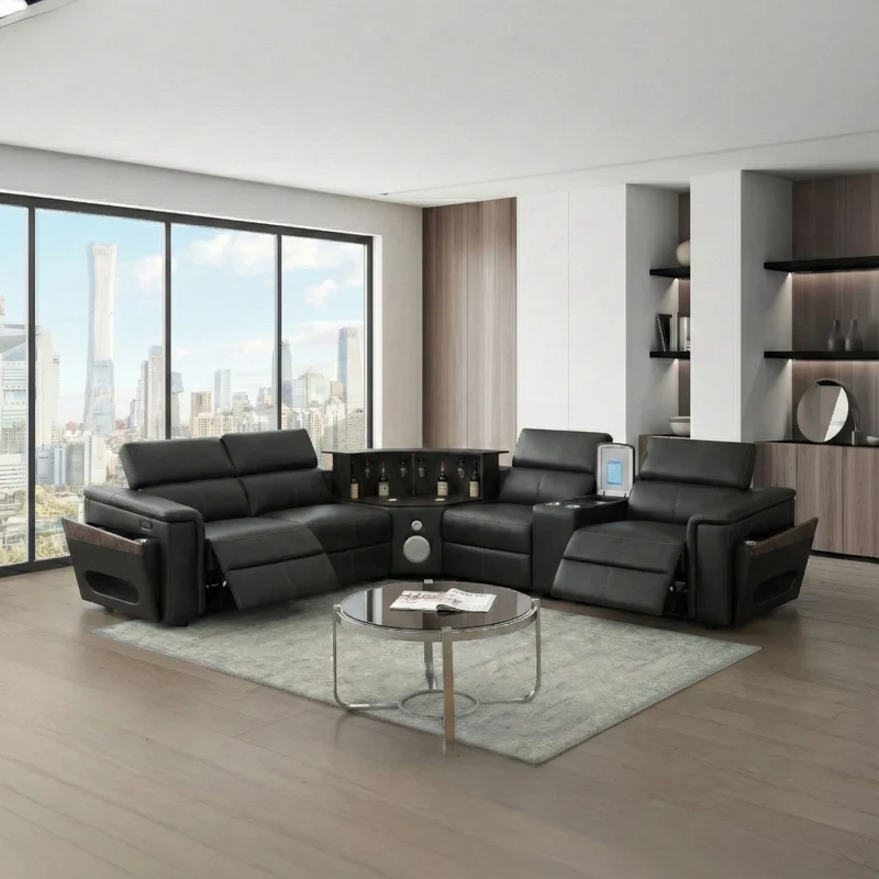 Nova - Sectional With Bluetooth Speaker, LED And Lifting Wine Cabinet Black / Left Arm Facing