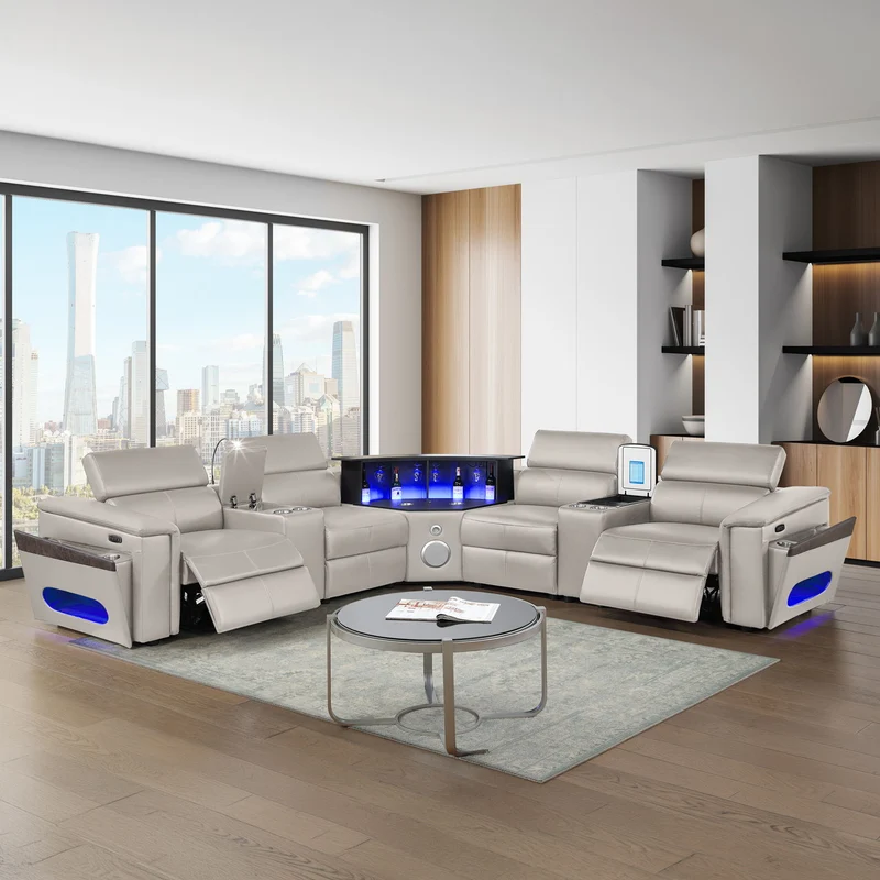 Nova - Sectional With Bluetooth Speaker, LED And Lifting Wine Cabinet Silver / Symmetrical Sectional