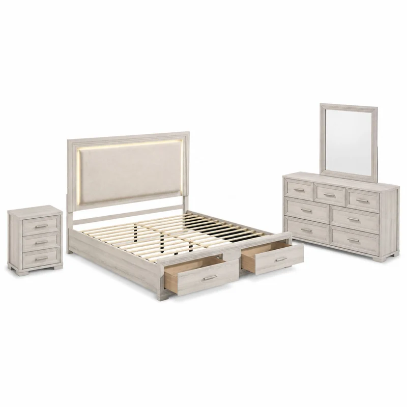 Colorado - Bedroom Set With Upholstered LED Headboard Light Brown / 4 Pc. Bed, Nightstand, Dresser, Mirror / Queen