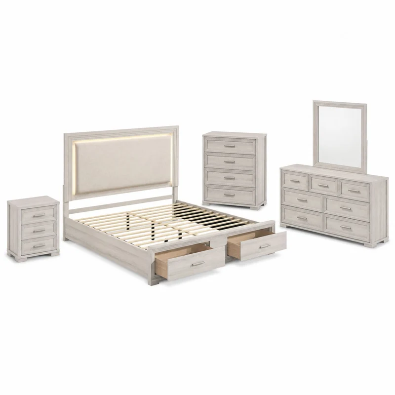 Colorado - Bedroom Set With Upholstered LED Headboard Light Brown / 5 Pc. Bed, Nightstand, Chest, Dresser, Mirror / Queen