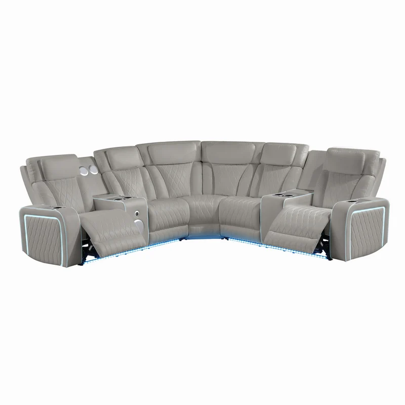 Electra - Power Recliner Sectional Sofa With Power Headrests, Console Loveseats, Wedge, LED Light Strip, Speakers Gray