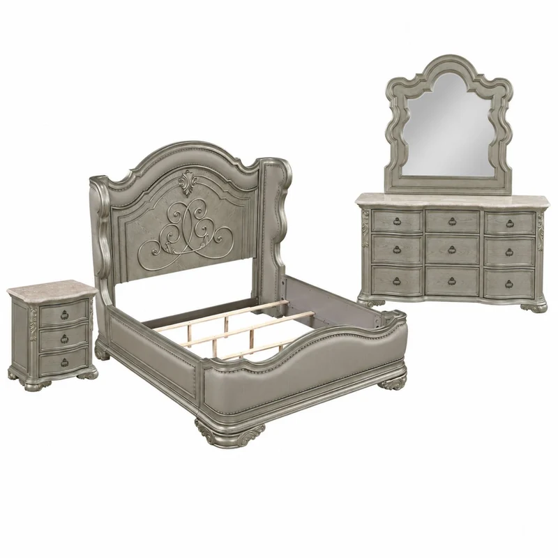 Bella - Bedroom Set Silver / 5 Pc. Bed, Nightstand, Chest, Dresser, Mirror / Queen