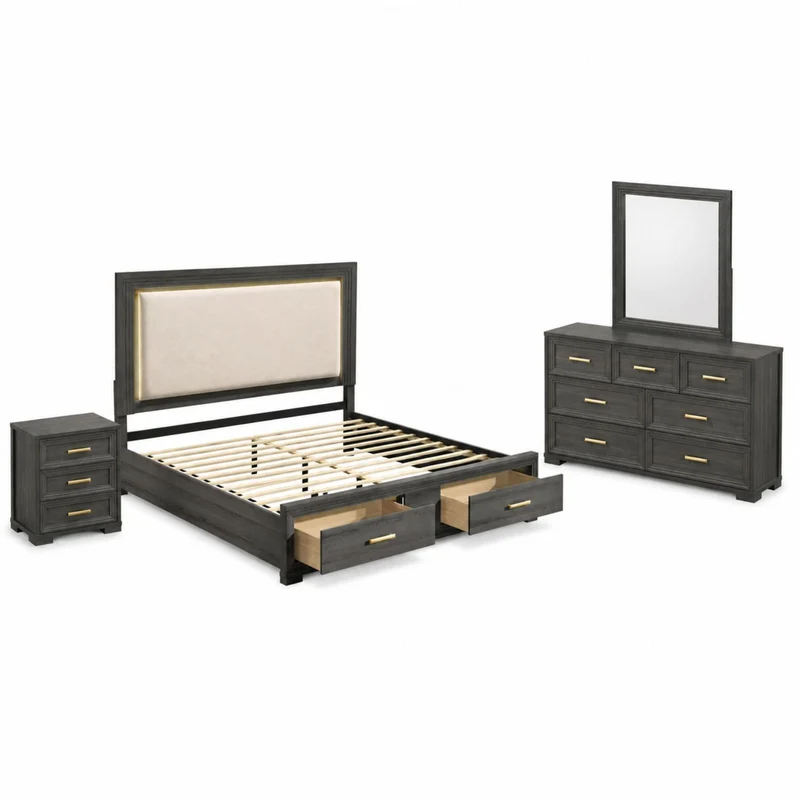 Colorado - Bedroom Set With Upholstered LED Headboard Dark Gray / 4 Pc. Bed, Nightstand, Dresser, Mirror / King
