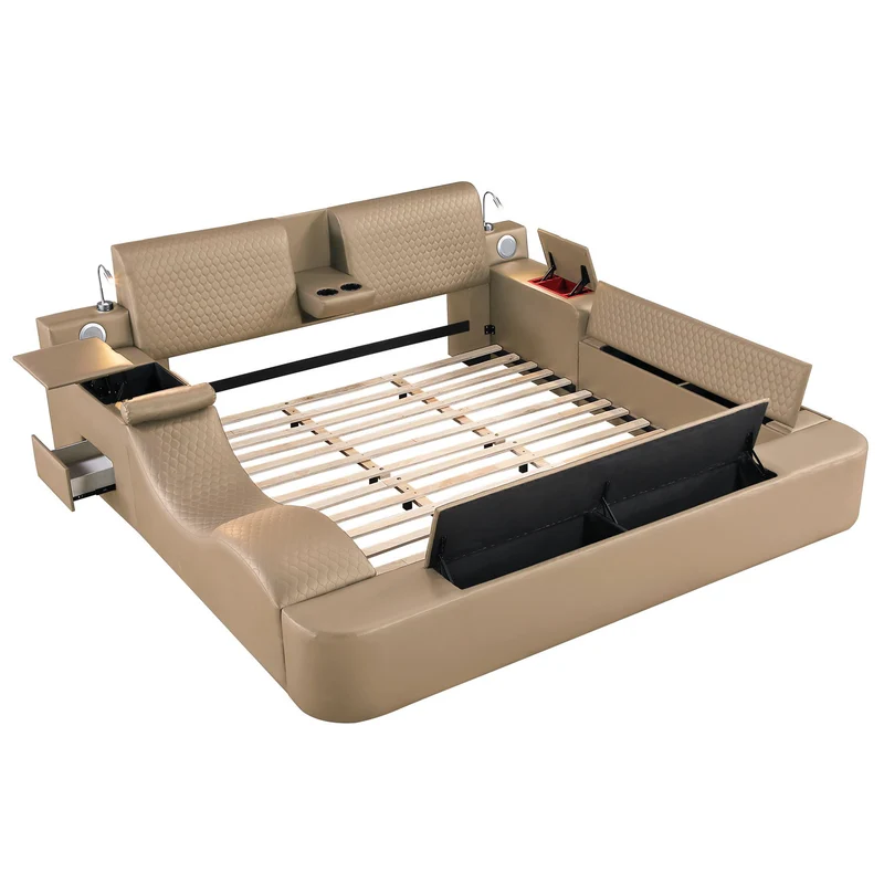 Zoya - Smart Multifunctional Bed, Built In Bluetooth Speakers, USB Charging Light Brown / King