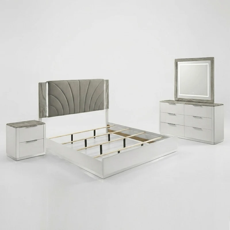Jazz - Bedroom Set With LED Upholstered Headboard White / 4 Pc. Bed, Nightstand, Dresser, Mirror / King