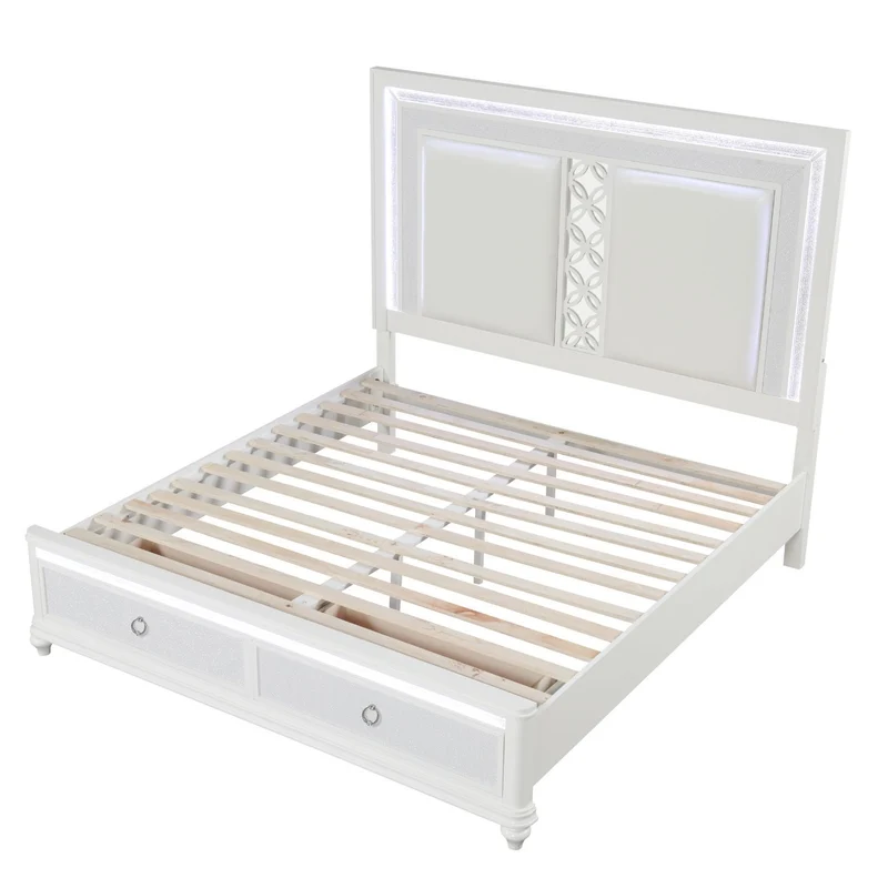 Abigale - Bed & LED Lighting And 2 Drawer Storage Footboard White / King