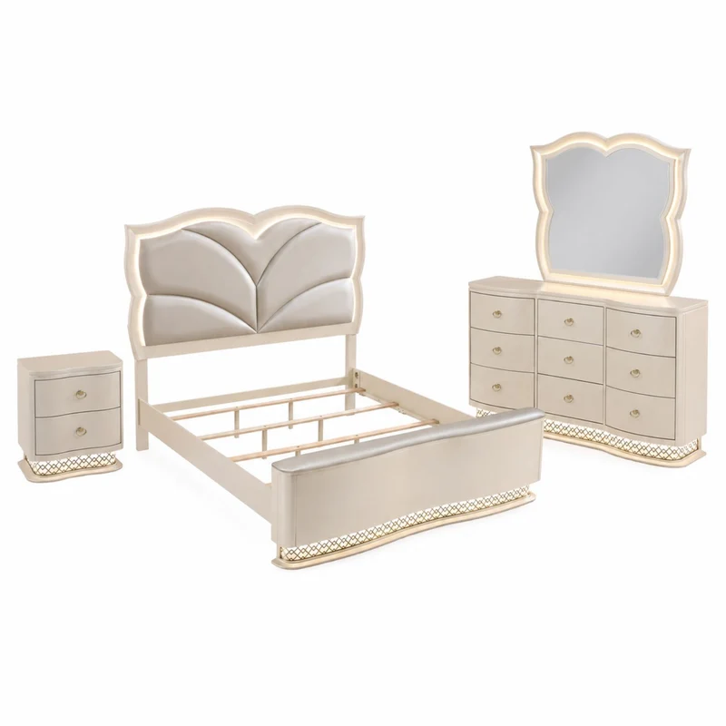 Flora - Bedroom Set Silver / 4 Pc. Bed, Nightstand, Dresser, Mirror / Queen